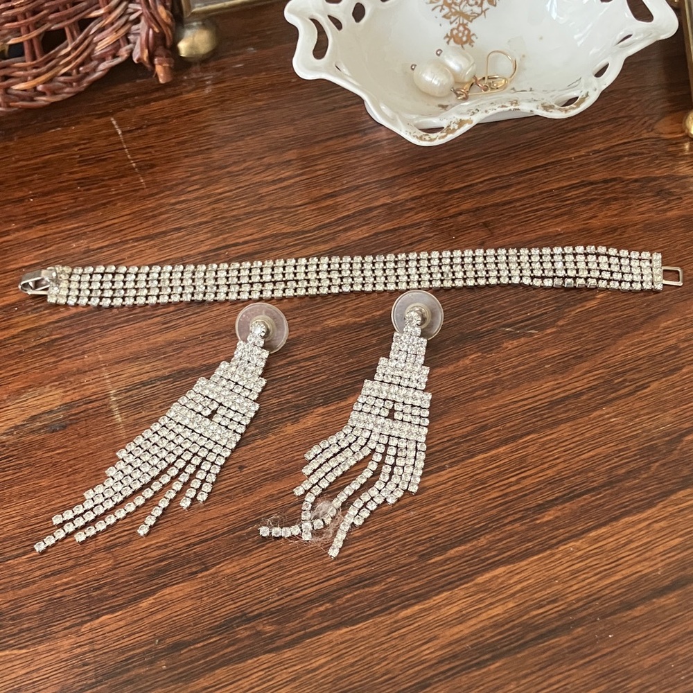 Silver Rhinestone Bracelet and Earrings Set vintage style jewelry.